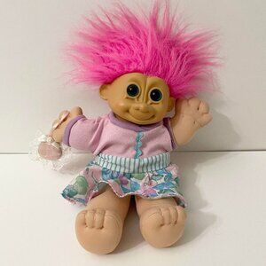 Vintage Russ Plush Troll Toy Doll with Purse Floral Dress 10 Inch Tall